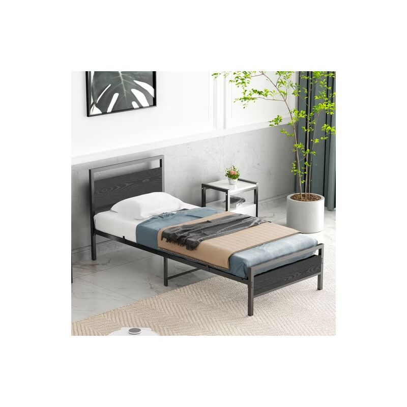 Wishdor - Lit 90x200 cm en métal, cadre de lit avec sommier à lattes, lit simple, noir, sans matelas