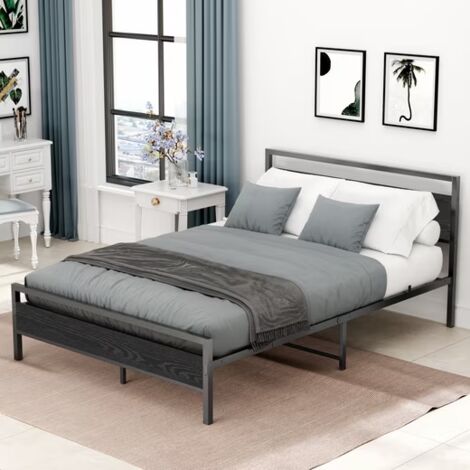 Lit 140x200 cm en métal, cadre de lit avec sommier à lattes, lit 2 personnes, noir, sans matelas