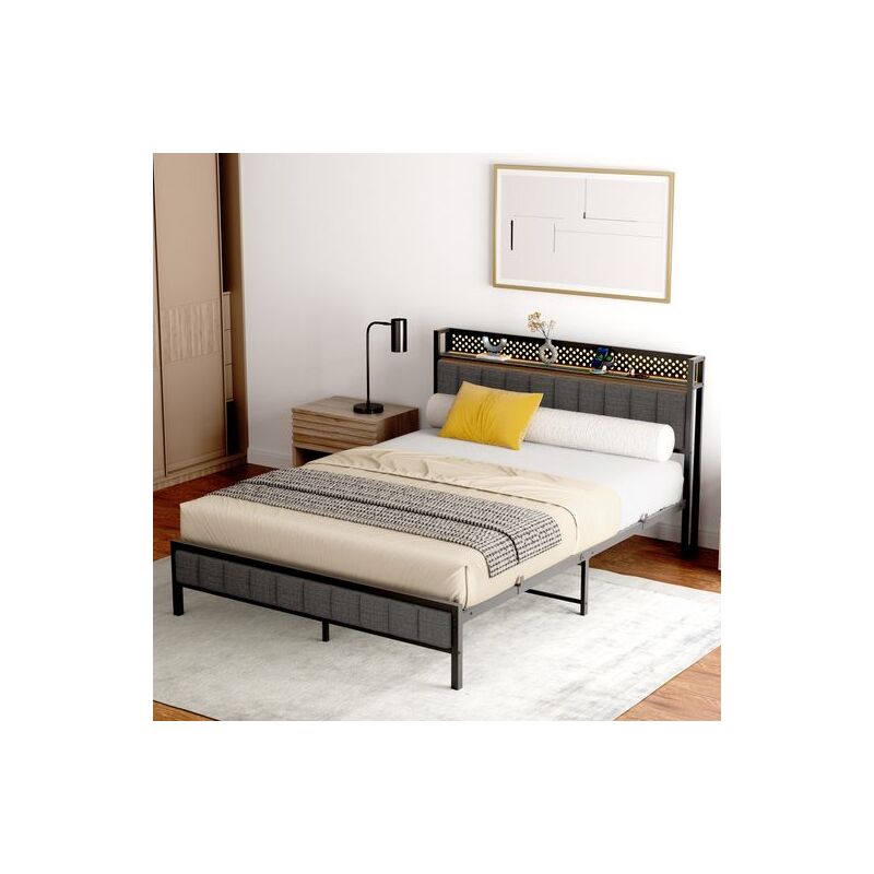 Wishdor - Lit 140x200 cm en métal, cadre de lit en métal noir avec sommier à lattes, ports usb intégrés, matelas inclus