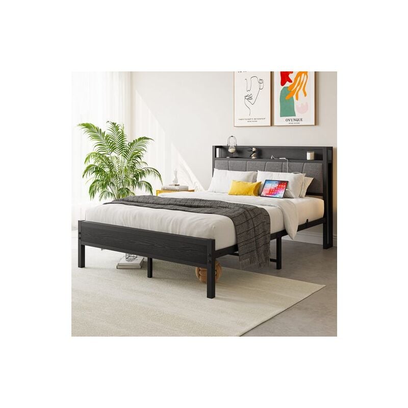 Wishdor - Lit 140x200 cm en métal, cadre de lit en métal noir avec tête de lit avec 1 prise et 2 ports de charge usb, sans matelas