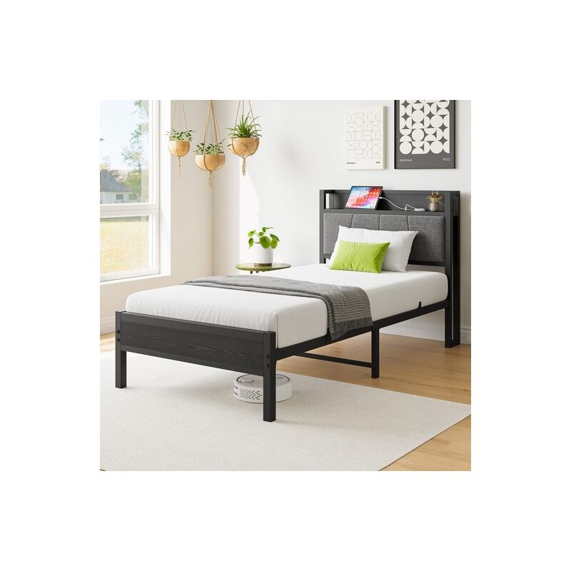 Okwish - Lit 90x200 cm en métal, cadre de lit en métal noir avec tête de lit avec 1 prise et 2 ports de charge usb, sans matelas