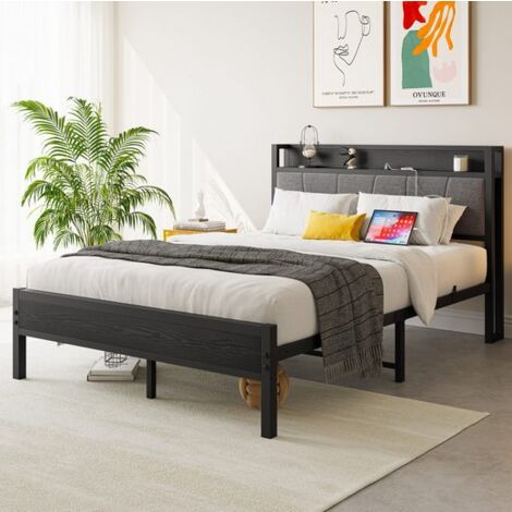 Lit 140x200 cm en métal, cadre de lit en métal noir avec tête de lit avec 1 prise et 2 ports de charge USB, sans matelas