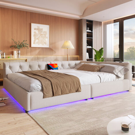 Lit 140x200 cm - LED télécommande, USB/Type-C - tissu en lin beige - sans matelas