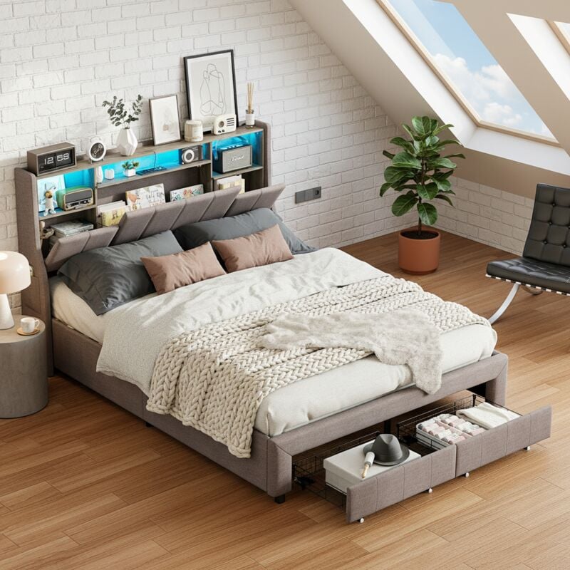 Eifson - Lit 160x200 cm, lit adulte 160x200 cm, 2 tiroirs au pied du lit, éclairage led, recharge usb, lin, rangement en tête de lit, sommier à