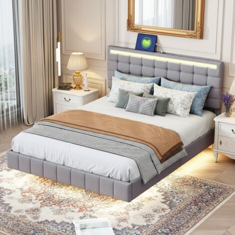 Lit 140x200 cm, lit adulte 140x200 cm, avec tête de lit LED à hauteur réglable, 2 USB, design suspendu, cadre de lit double, tissu de lin - Beige