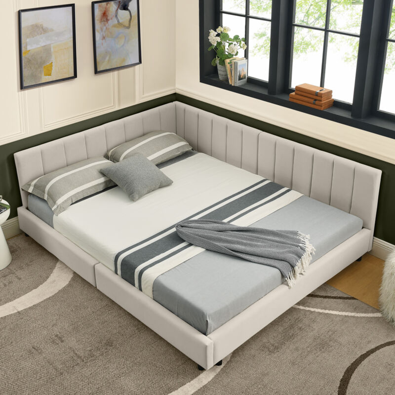 Lit 160x200 cm, lit adulte double en velours, sommier à lattes rembourré, dossier haut, sans matelas, beige