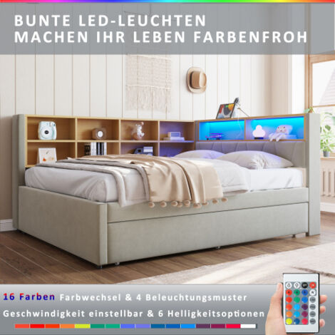 Lit 140x200 cm - Lit gigogne 90x190 - Éclairage LED, prise - Lit simple - Gris