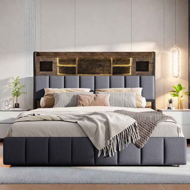 Lit 140x200 cm, Lit tiroir avec LED, Lit adulte avec 4 tiroirs, Lit 140x200 capitonné avec 2 ports de chargement USB,2 stations de chargement, tête