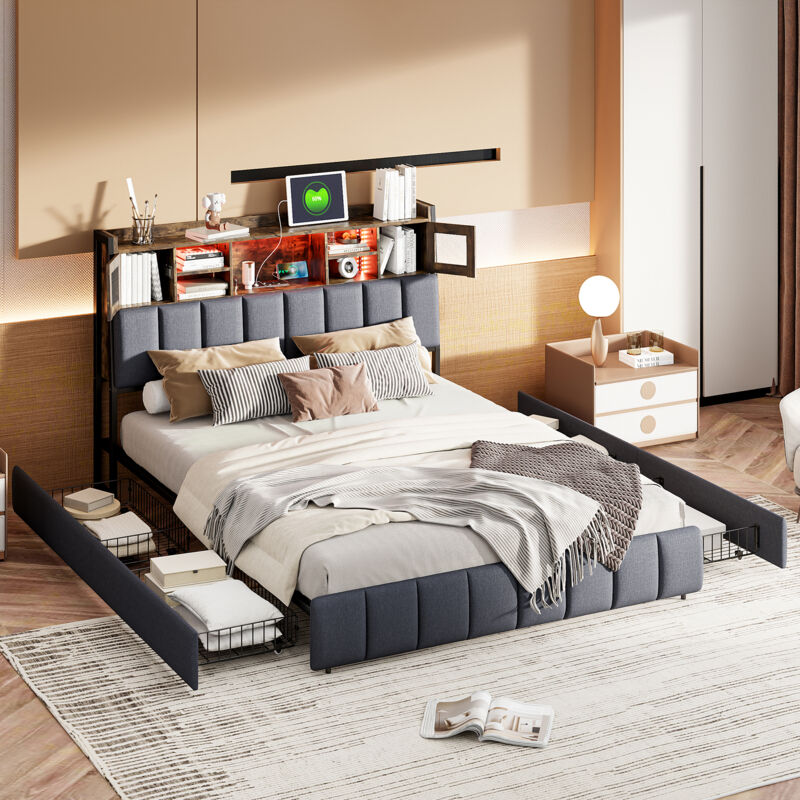 Lit tiroir 160x200 cm, Lit double avec 4 tiroirs, Lit adulte avec led, Lit rembourré avec 2 ports de chargement USB,2 stations de chargement, tête de