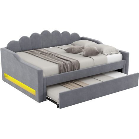 Lit 140x200 cm rembourré en lin gris avec LED et lit gigogne, cadre MDF/contreplaqué, sommier à lattes inclus