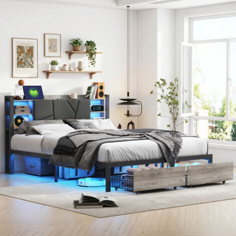 Lit 140x200 cm, tête de lit avec étagères de rangement et LED, 2 tiroirs coulissants de rangement, cadre métal robuste, design industriel moderne