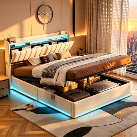 Lit 140x200 coffre-lit double adulte en hydraulique avec LED et USB-Cadre de Lits Capitonnée 2 Personnes-tête de lit rangement en velours-Beige, sans matelas-MDF-avec barre de maintien pour matelas