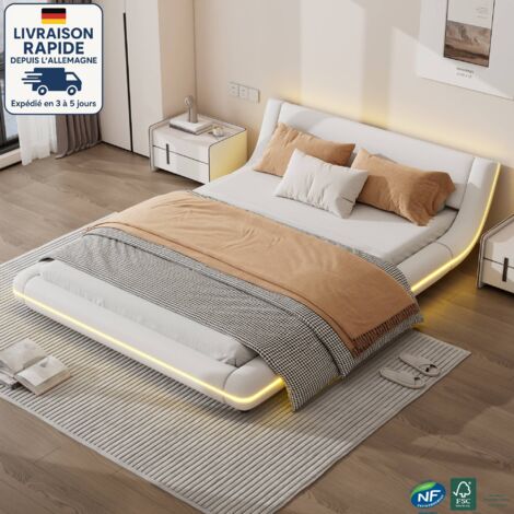 Lit 140x200 - lit double 140x200 - lit avec dossier moelleux - LED réglable - lit plat avec bordure rembourrée - contemporain - Bois Certifié PEFC -Blanc