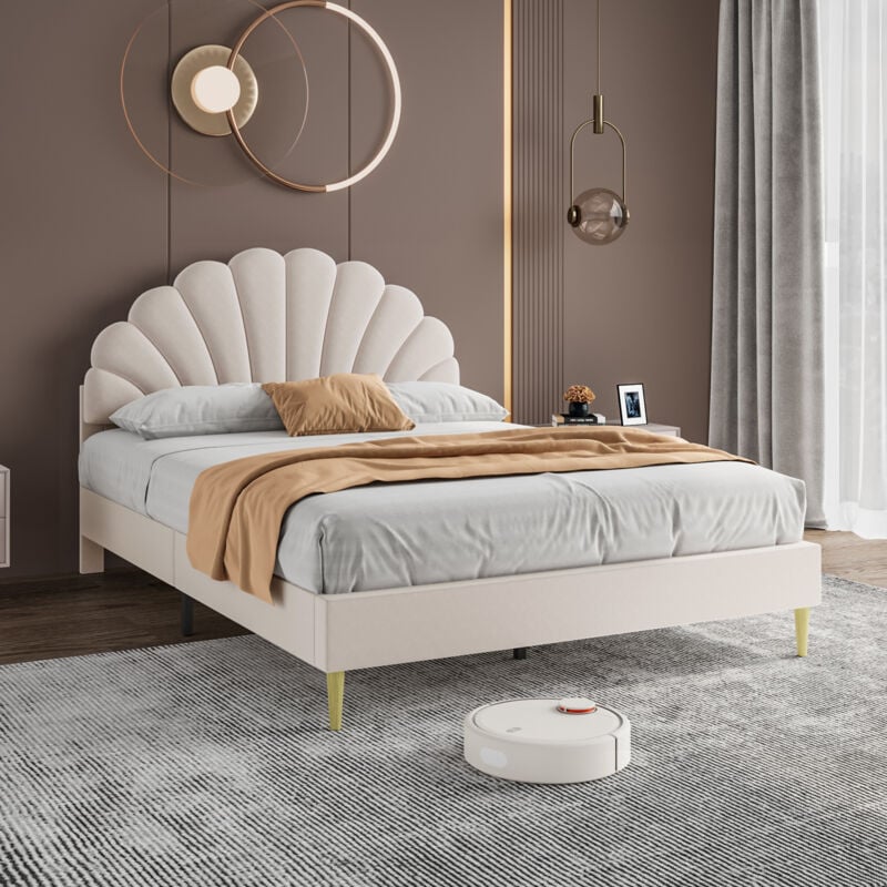 Sunfecili - Lit 140x200, Lit double capitonné 140x200, avec tête de lit fleurie, sommier à lattes, velours, Beige