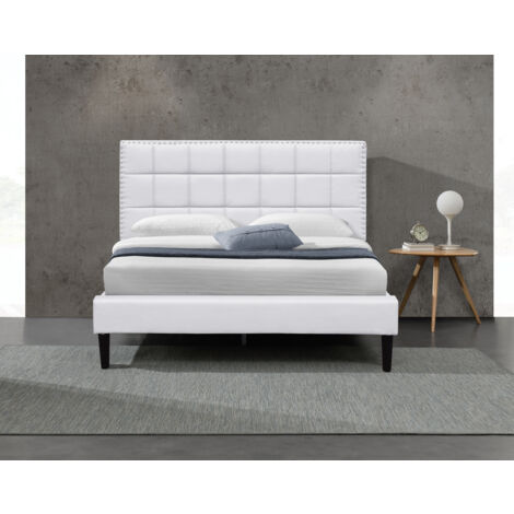 Lit 140x200 - Sommier + Tête de Lit Capitonnée Blanc - Pieds de 16 cm - 13 Lattes - Revêtement PVC Simili Facile Entretien - Montage Rapide - Confort Optimal - Lit Riley Blanc