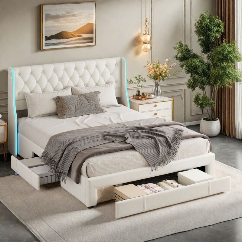 Sureh - Lit 140x2000, Lit Double Capitonnée 140x200, avec 3 Tiroirs, éclairage led, Lit Adulte avec Sommier à Lattes, Velours, Beige