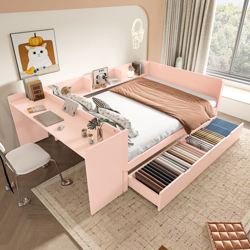 Lit 140x200cm, avec 2 Tiroirs Cachés+Table intégrée, Lit avec tiroirs, sans matelas– Rose