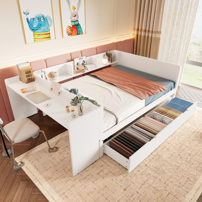 Lit 140x200cm, avec 2 Tiroirs Cachés+Table intégrée, Lit avec tiroirs, sans matelas– Blanc