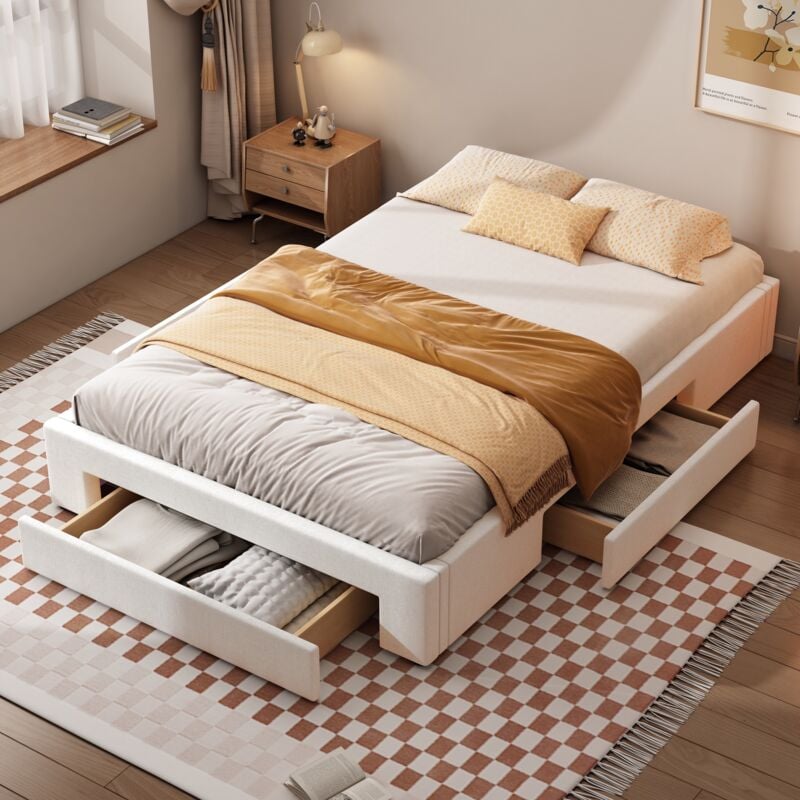 Tanant - Lit 140x200cm avec 3 tiroirs, lit capitonné avec sommier à lattes, sans tête de lit, lit adulte, lin, Blanc