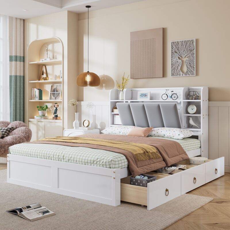 Dans Les Nuages - Lit 140x200 cm, avec 3 tiroirs, tête de lit à rangement en velours, étagères, sommier à lattes, cadre en métal, lit double en bois