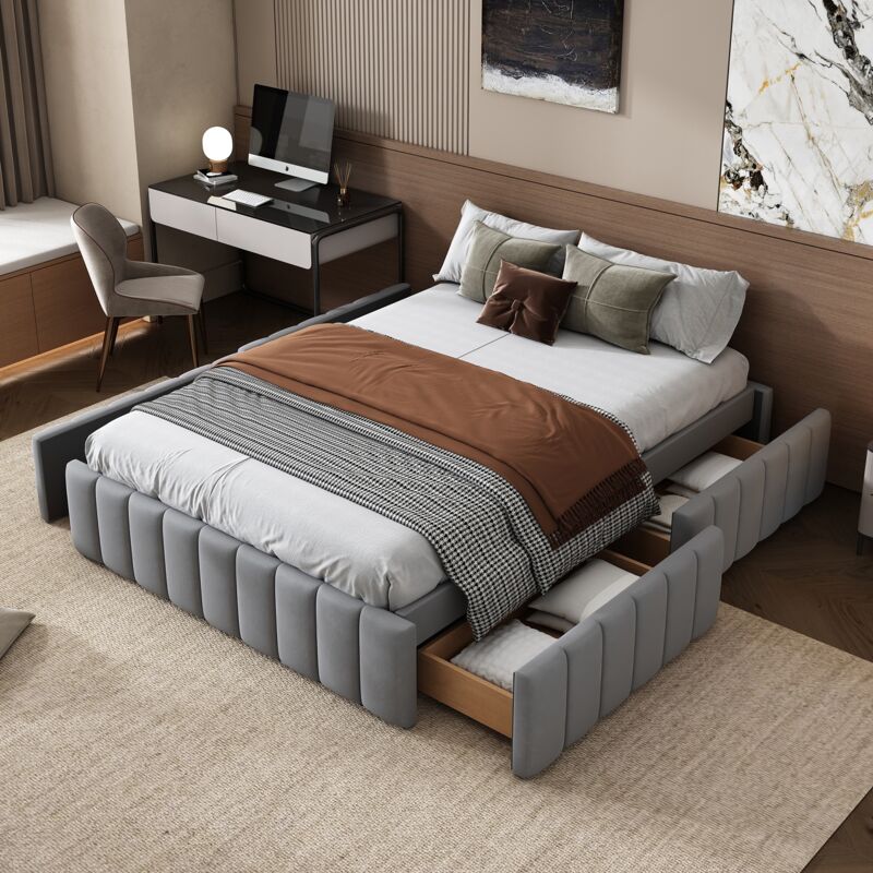 Lit 140x200 cm, avec 4 tiroirs, rayures verticales décorer, sommier à lattes en bois, cadre en métal, lit double capitonné en velours - Gris