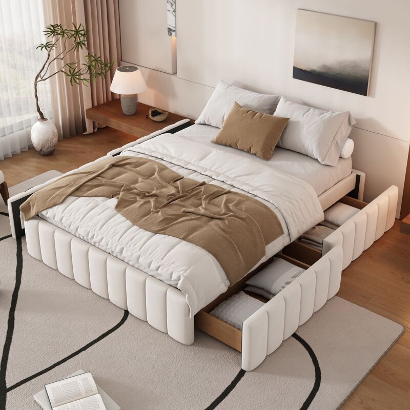 Lit 140x200 cm, avec 4 tiroirs, rayures verticales décorer, sommier à lattes en bois, cadre en métal, lit double capitonné en velours - Beige