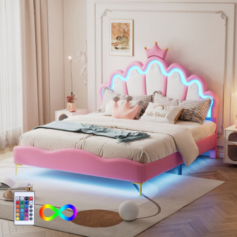 Lit 140x200cm avec tête de lit réglable en forme de couronne, Lit princesse avec sommier à lattes et éclairage LED, Lit double pour adolescent et adulte, PU, Rose, sans Matelas