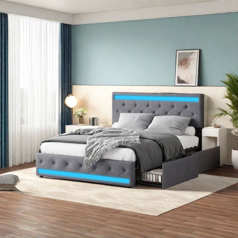 Sureh - Lit 160x200cm avec tiroirs,lit double led avec 4 tiroirs,chargement usb et Type-C,sommier à lattes,lit adulte rembourré,tissu lin,gris