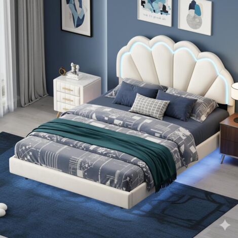 Lit 140x200cm - Cadre de Lit 140 - Lit Double Flottant avec LED RGB - Design Coquillage - Sommier Incluse - Velours Beige
