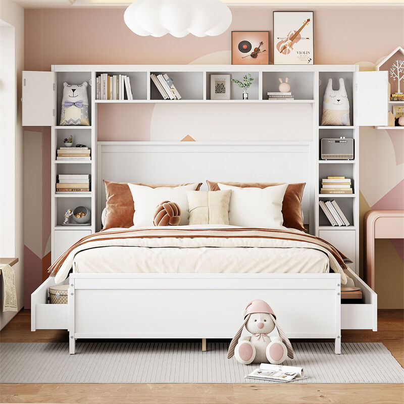 Lit 140x200cm, Cadre de lit, avec 4 tiroirs et grand placard de rangement, lit double en bois massif avec sommier à lattes, blanc