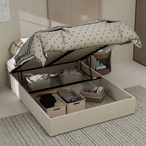 Lit 140x200cm - lit coffre 140x200 avec sommier à lattes - tête de lit et matelas non inclus - en velours hollandais beige