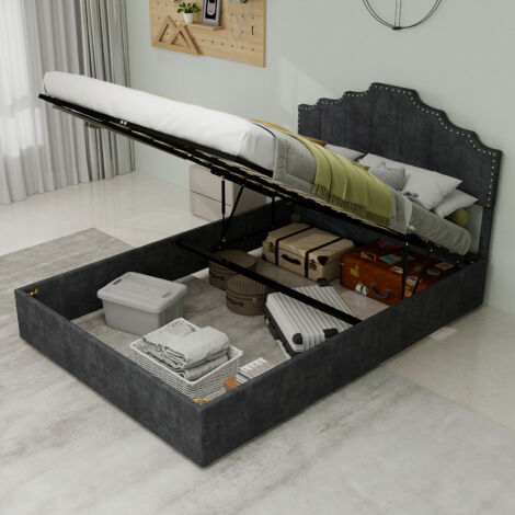 Lit 140x200cm - lit coffre 140x200 - avec tête de lit - moderne minimaliste - matelas non inclus - en tissu gris
