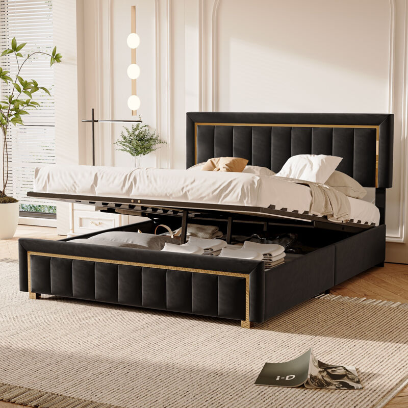 Lit 160x200cm - Lit Coffre 160x200 et Sommier - Tête de Lit Design Rayures Verticales et Bordures Dorées - Velours Noir