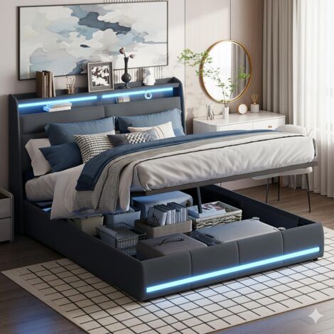 Lit 140x200cm - lit coffre 140x200 - lit double LED Ambiant - Tête de Lit avec Étagères - en PU - Noir