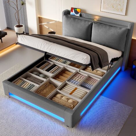 Lit 140x200cm - lit coffre 140x200 - tête de lit élégante avec ports USB-C, LED，coussins amovibles - velours gris
