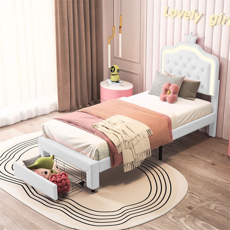 Lit 90x200cm, lit enfant led avec tiroir, sommier à lattes et tête de lit avec couronne, en cuir pu, blanc