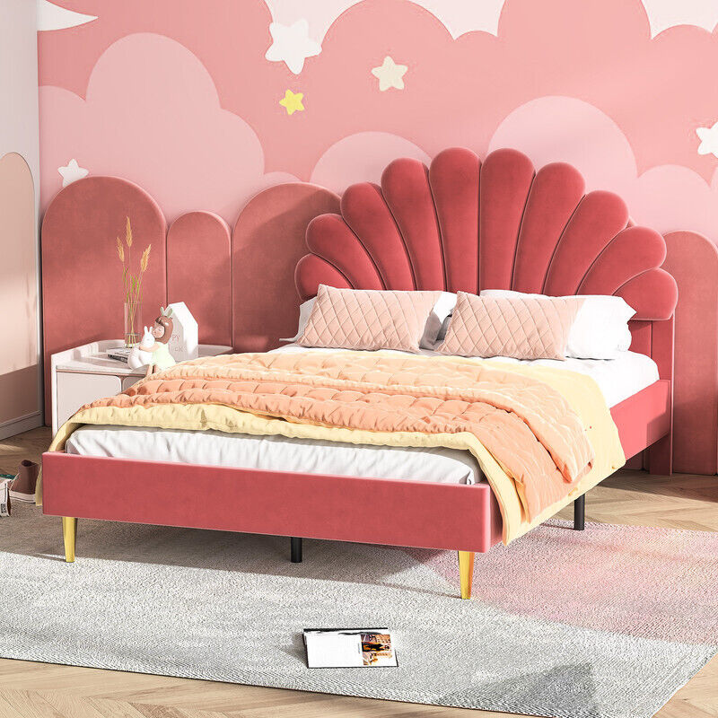 Fortuna Lai - Lit 140x200cm - Tête de lit en forme de fleur, Sommier à lattes, Tissu en velours Style scandinave - Rouge vin