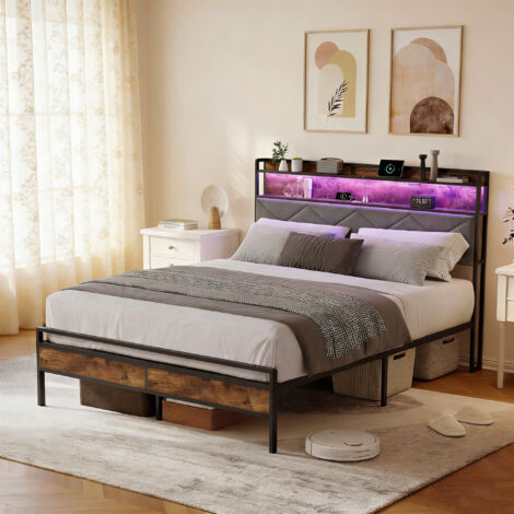 Lit 140x200cm,Lit Metal avec LED et 2 USB/Type-C,Tête de Lit avec Rangements,Cadre de Lit Adulte Adolescent avec Sommier,Lit 2 Place,Tissu Lin,Gris