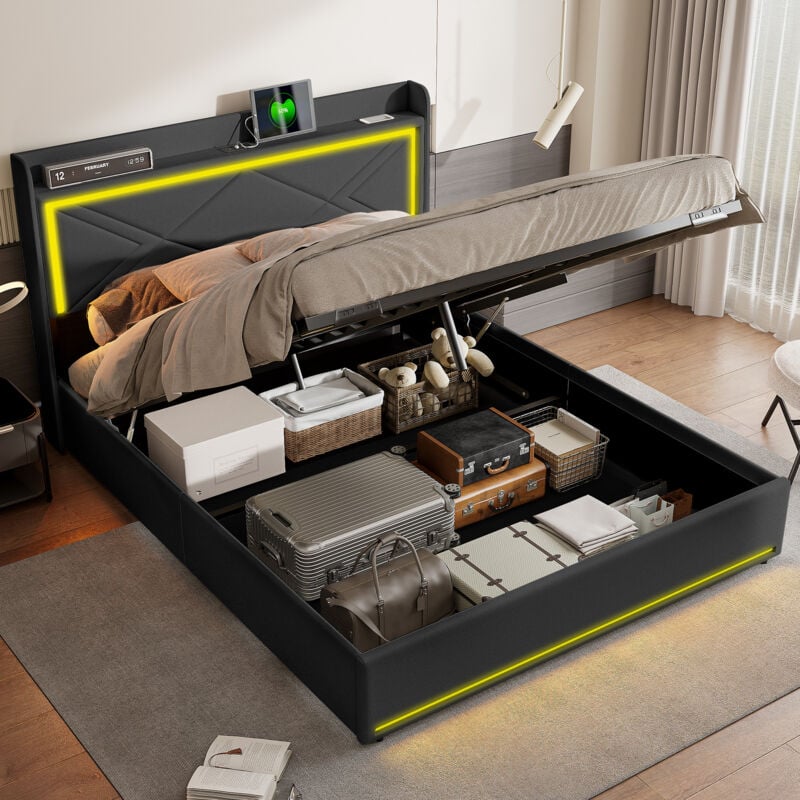 Lit 140x200,Lit coffre 140x200,Lumières led réglables à la tête et au pied du lit,Deux ports de chargement usb et type C,avec levier hydraulique,Noir