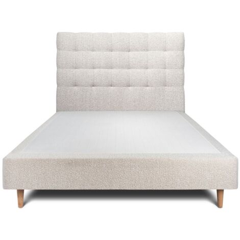 Lit 150x190cm avec tête de lit capitonnée bouclette et sommier tapissier beige - Hauteur totale : 35cm