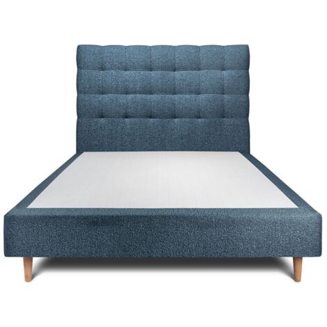 Lit 150x190cm avec tête de lit capitonnée bouclette et sommier tapissier Bleu - Hauteur totale : 35cm
