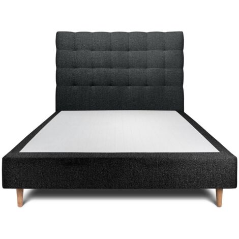 Lit 150x190cm avec tête de lit capitonnée bouclette et sommier tapissier Noir - Hauteur totale : 35cm
