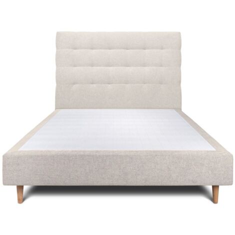 Lit 150x190cm avec tête de lit capitonnée tissu et sommier tapissier Beige clair - Hauteur totale : 35cm