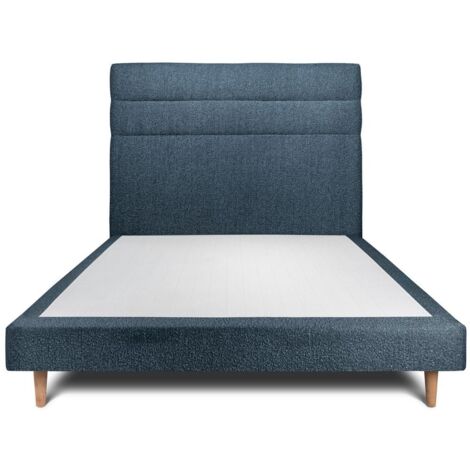 Lit 150x190cm avec tête de lit lignes bouclette et sommier tapissier Bleu - Hauteur totale : 29cm