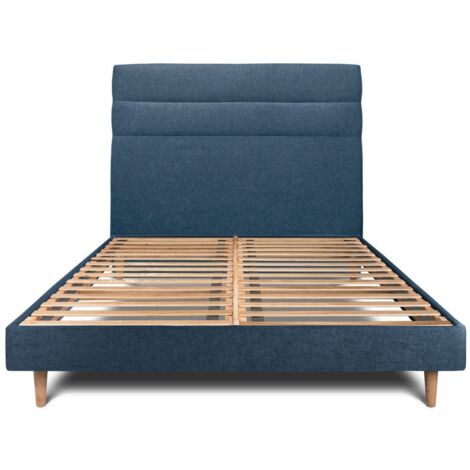 Lit 150x190cm avec tête de lit lignes tissu et sommier kit Bleu - Hauteur totale : 29cm