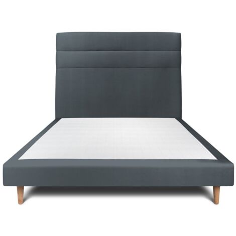 Lit 150x190cm avec tête de lit lignes velours et sommier tapissier gris anthracite - Hauteur totale : 29cm