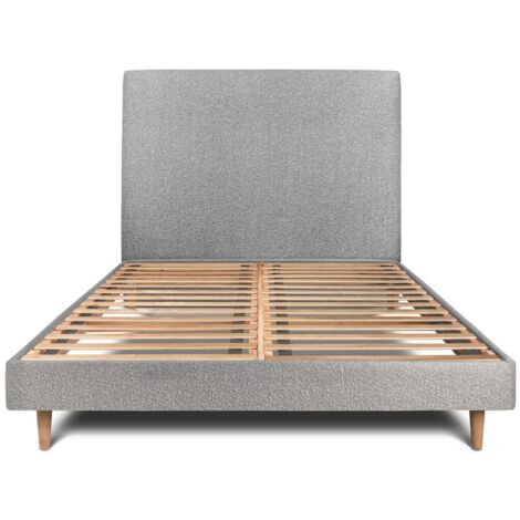 Lit 150x190cm avec tête de lit tapissier bouclette et sommier kit Gris - Hauteur totale : 29cm