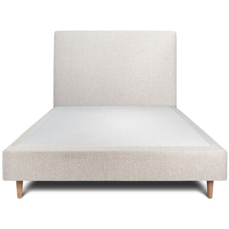 Lit 150x190cm avec tête de lit tapissier bouclette et sommier tapissier beige - Hauteur totale : 35cm
