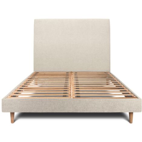 Lit 150x190cm avec tête de lit tapissier tissu et sommier kit Beige clair - Hauteur totale : 29cm
