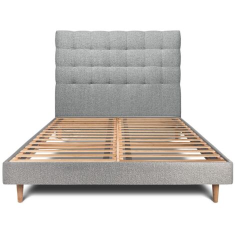 Lit 150x200cm avec tête de lit capitonnée bouclette et sommier kit Gris - Hauteur totale : 29cm